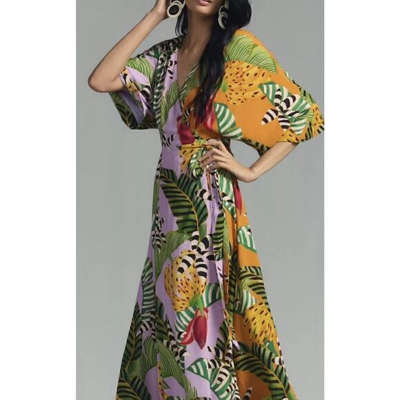 FARM RIO Mixed Striped Bananas Maxi Wrap Dress, Size XS - Picture 5 of 14